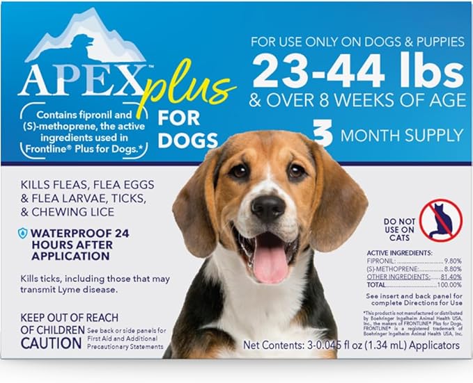 Apex Plus Flea and Tick Prevention for Dogs | Medium (23-44 lbs) | 3-Month Supply | Dog Flea and Tick Treatment | 24-Hour Activation, Waterproof, 30-Day Protection-Mewly Pet