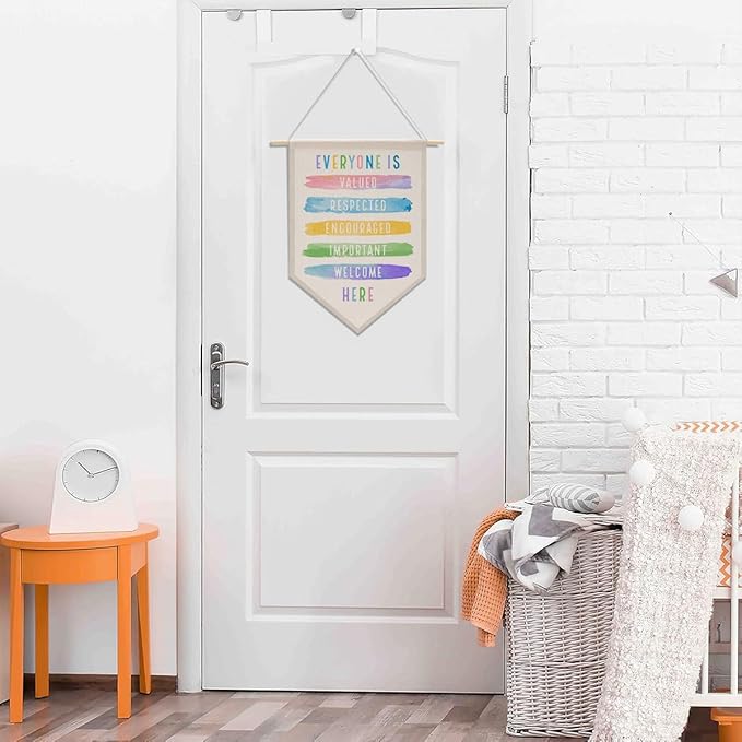 Everyone Is Welcome Here Sign Boho Classroom Decor Rainbow Decorations Canvas Hanging Pennant Flag Banner Wall Sign Decor for Playroom Bedroom