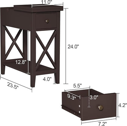 ChooChoo End Table Set of 2, Flip Top Narrow End Table with Drawer, Accent Small Side Table Nightstand for Living Room, Bedroom, and Small Spaces, Espresso