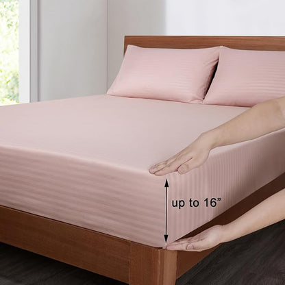 Mejoroom Striped Full Size Sheets – Extra Soft Full Size Bed Sheets - 16inches deep Pocket Full Sheet Set, Breathable, Wrinkle, Fade and Stain Resistant - 4 Piece (02-Dusty Pink)