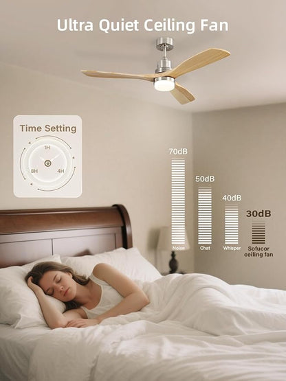 Sofucor 52 Inch Smart Ceiling Fans with Lights and Alexa/Google Assistant/APP/Remote Control-Modern Outdoor 3 Solid Wood Blades Ceiling Fan for Bedroom Living Room Patio, Sandy Nickel&Natural Wood