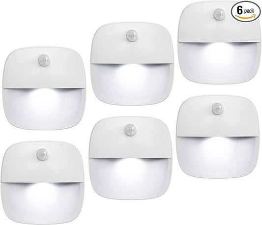 AMIR Upgraded Indoor Motion Sensor Light with PIR Technology - Battery-Powered Wall & Cabinet LED Night Light for Hallway, Bathroom, Kitchen, Stairs (White, 6-Pack)