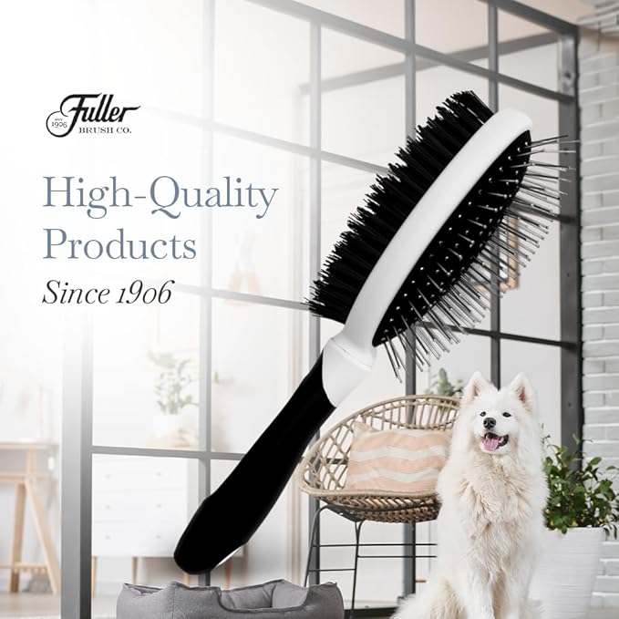 Fuller Brush 2-in-1 Double-Sided Pet Brush - Electroplated Round-Ended Steel Pins Positioned Into a Flexible Cushion on One Side & Nylon Bristles - Remove Shedding - Tool For Grooming Dogs & Cats-Mewly Pet