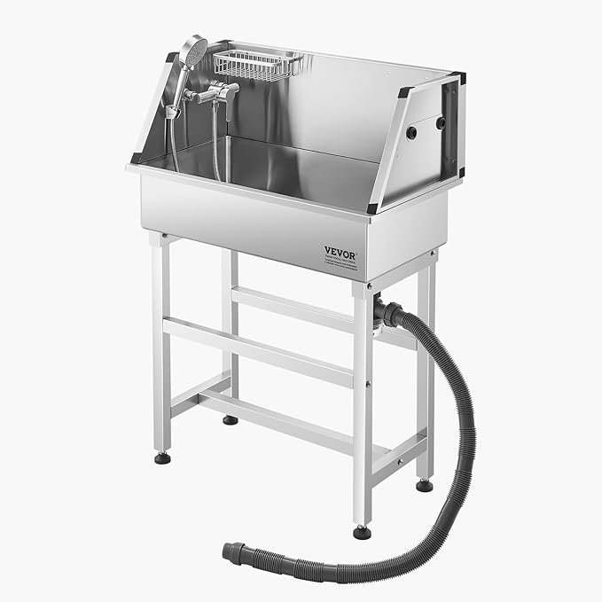 VEVOR Stainless Steel Dog Washing Station, 34 inch Pet Grooming Tub w/Faucet & Showerhead & Soap Holder & Play Balls Simple Dog Bathtub for Multiple Pets, Home Washing Sink-Mewly Pet