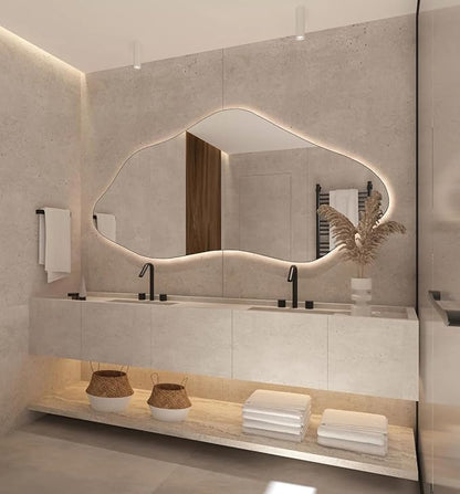 Asymmetrical Bathroom LED Mirror, Modern Irregular Shape Wall Mirror with LED Lights, Frameless Aesthetic Backlit LED Illimunated Vanity Mirror (60" x 30" inc)
