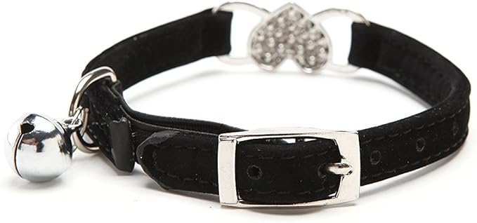 CHUKCHI Heart Bling Cat Collar with Safety Belt and Bell 8-11 Inches (Black)-Mewly Pet