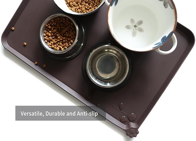 Hoki Found Large Silicone Pet Food Mat - Non Slip, Waterproof Dog Cat Bowl Mat - Dark Oak-Mewly Pet