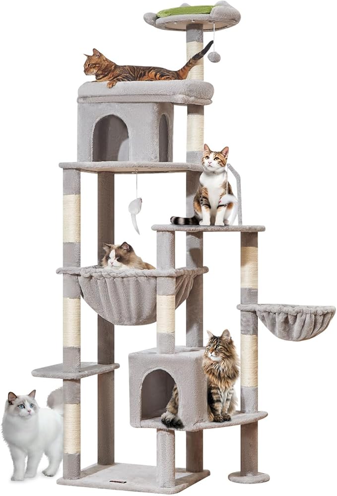 Taoqimiao 83In Heavy Duty Cat Tree, Suitable 20lb+ Large Cats, XXL-Cat Tower for Indoor Cats Large Adult, 2 Luxurious Cat Cando with 8 Scratching Posts,Oversized Metal Hammocks, Light Gray MS032W-Mewly Pet