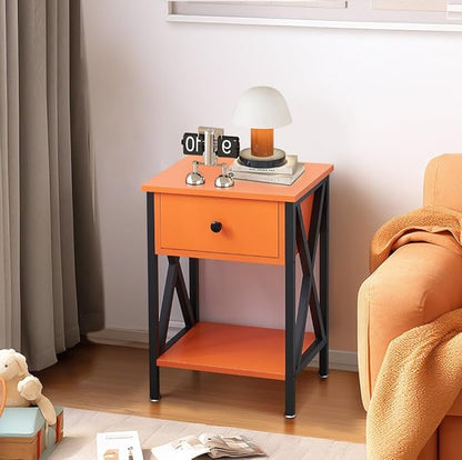 VECELO Nightstands Set of 2, Modern Bedside End Tables, Night Stands with Drawer and Storage Shelf for Living Room Bedroom, Industrial Metal Frame