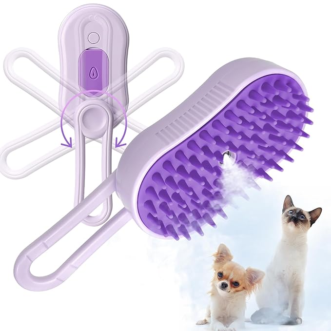 GKZ Cat Steam Brush, 3 in 1 Pet Comb for Massage, Cleaning, Shedding and Combing, Electric Mist to Prevent Flyaways for Home, Dogs and Cat Lovers - Purple-Mewly Pet