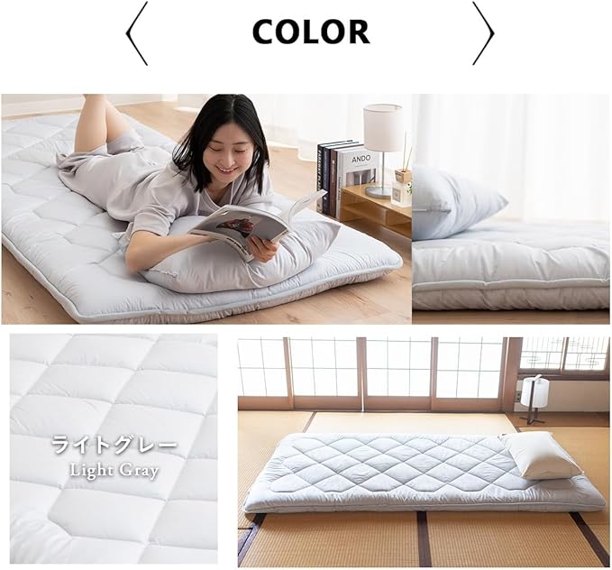 EMOOR Japanese Floor Futon Mattress Anti-Sag Small-Twin Made in Japan 100% Cotton Chip Foam Gray, Shikibuton Foldable Sleeping Bed Tatami Mat