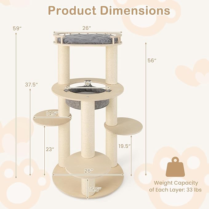 Tangkula Wood Cat Tree, 59 Inch Multi-Level Cat Tower with Top Padded Perch, Hammock, 3 Platforms & Sisal Scratching Posts, Large Modern Cat Tree Tower for Indoor Cats Kittens (59 Inch)-Mewly Pet