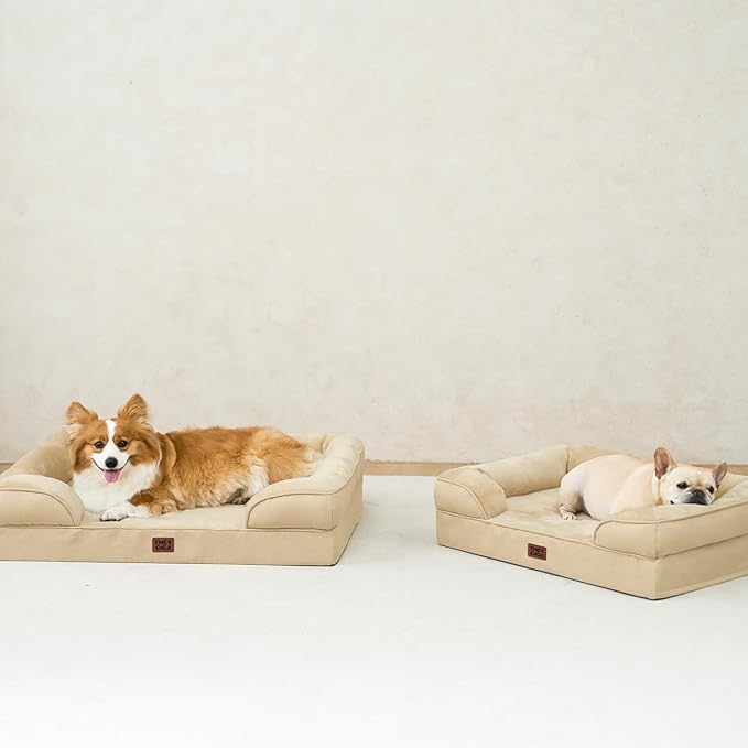 EHEYCIGA Orthopedic Dog Beds for Large Dogs, Waterproof Memory Foam Large Pet Bed with Sides, Non-Slip Bottom and Egg-Crate Foam Dog Couch Bed with Washable Removable Cover, Greige-Mewly Pet