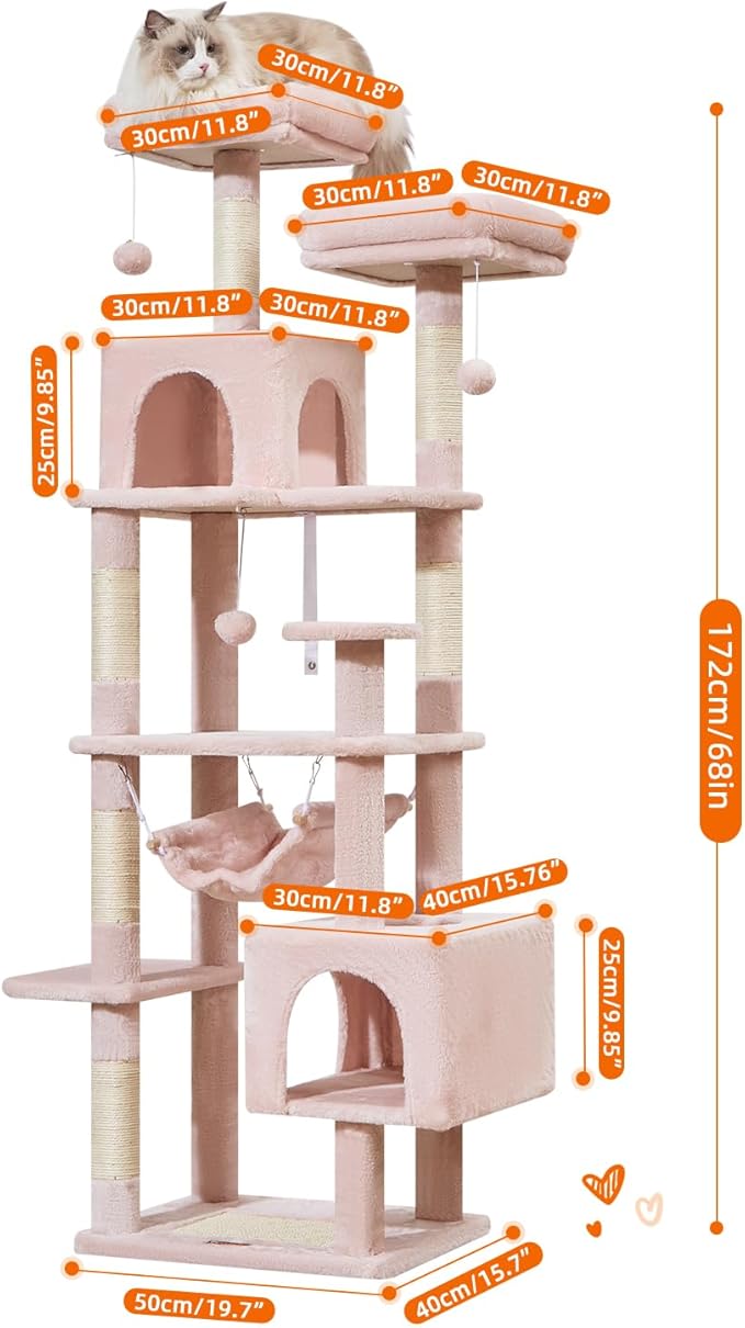 Taoqimiao Cat Tree, 68-Inch Cat Tree Cat Tower for Indoor Cats, Plush Multi-Level Cat Condo with 6 Scratching Posts, 2 Perches, 2 Caves,Hammock, 3 Pompoms,MS020SP Jelly Pink-Mewly Pet