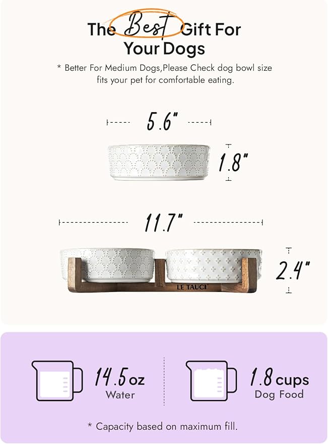 LE TAUCI Dog Bowl Set with Acacia Wood Stand - 1.5-Cup Ceramic Puppy Bowls for Small Dogs, Dual Food and Water Bowls with Weighted Non-Slip Base, Clover-Mewly Pet