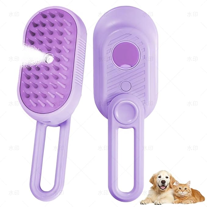 4 in 1 Cat & Dog Steam Brush Kit with 2 Comb Heads - Rechargeable Grooming Brush for Long/Short Hair Shedding, Anti-Static Steam Spray & Foldable Handle, Pet Spa Cleaning Tool (Purple)-Mewly Pet
