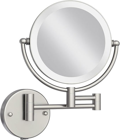 Makeup Mirror Wall Mounted with Lights and 10X Magnification, 8 Inches Rechargeable Double Sided Magnifying, Touch Dimmable Extended Arm 360 Rotation, Foldable Cosmetic Mirror Brushed Nickel