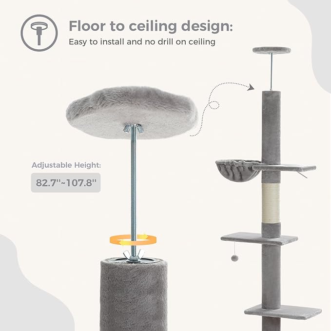 PEQULTI Floor to Ceiling Cat Tree, Tall Cat Tower, Adjustable Height (83''-108'') 5 Levels Climbing Tree for Indoor Cats with Cat Condo, Cozy Hammock and Scratching Post, Grey-Mewly Pet