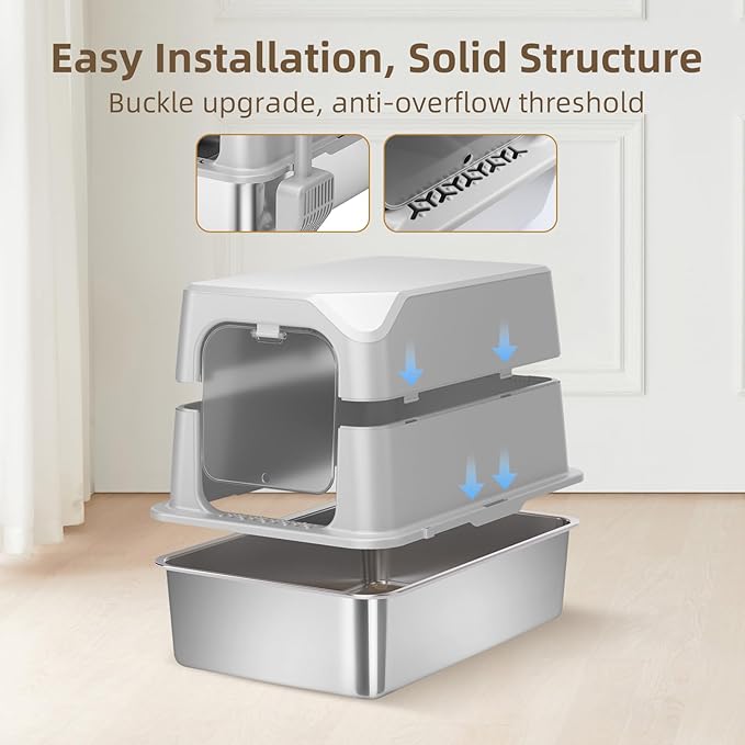 Stainless Steel Cat Litter Box with Lid, Extra Large, Great for Large & Small Cats, Easy to Clean, Anti-Leakage, Non-Sticky, Multifunctional 2 in-1 Metal Cat Litter Box - Light Gray-Mewly Pet
