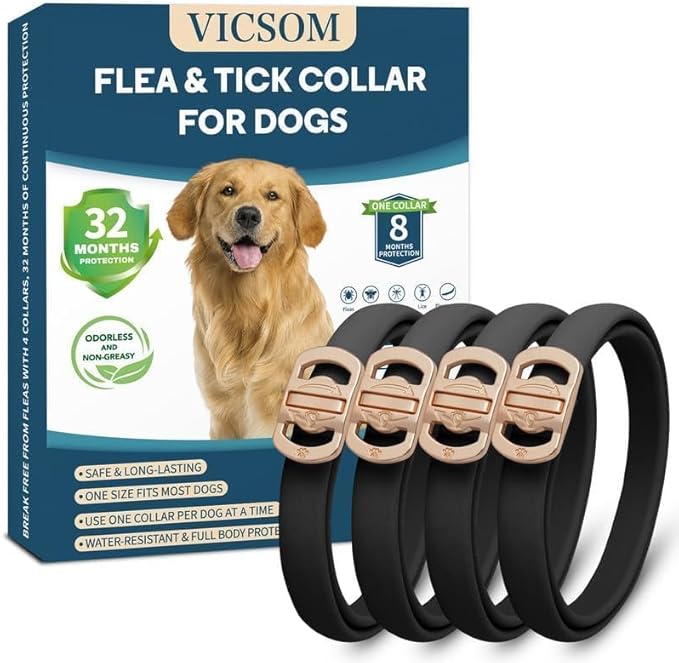Flea and Tick Collar for Dogs 4 Pack, 32 Months Prevention, Waterproof, Adjustable for Small Medium Large Dogs Puppies (Black)-Mewly Pet