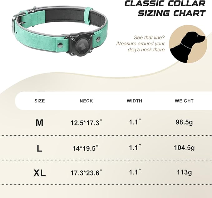 AirTag Dog Collar - Leather Dog Collar with Air Tag Holder | IPX8 Waterproof, Reflective, High - End, Adjustable Soft Padded | Dog GPS Tracker Collars Fit for Medium Large Dogs (Teal, M)-Mewly Pet