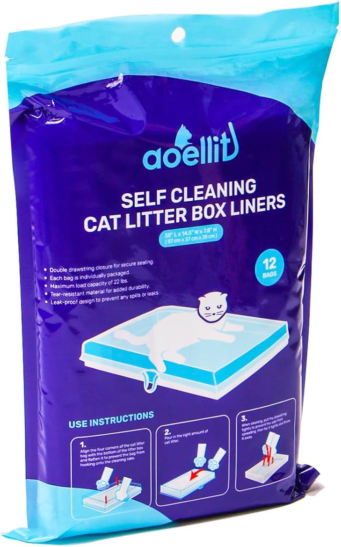 12 Count Litter Box Liners, Waste Bags Compatible with Pet-safe ScoopFree Self-Cleaning Litter Box Tray, Drawstring Litter Bags for Reusable Tray, Pre-Separated (38"L x 14.5"W x 7.8"H)-Mewly Pet