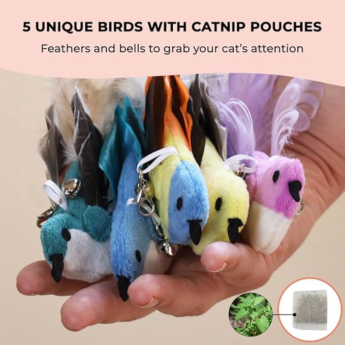 Interactive Catnip Bird Toy Set (5 Replacement Catnip Birds)-Mewly Pet
