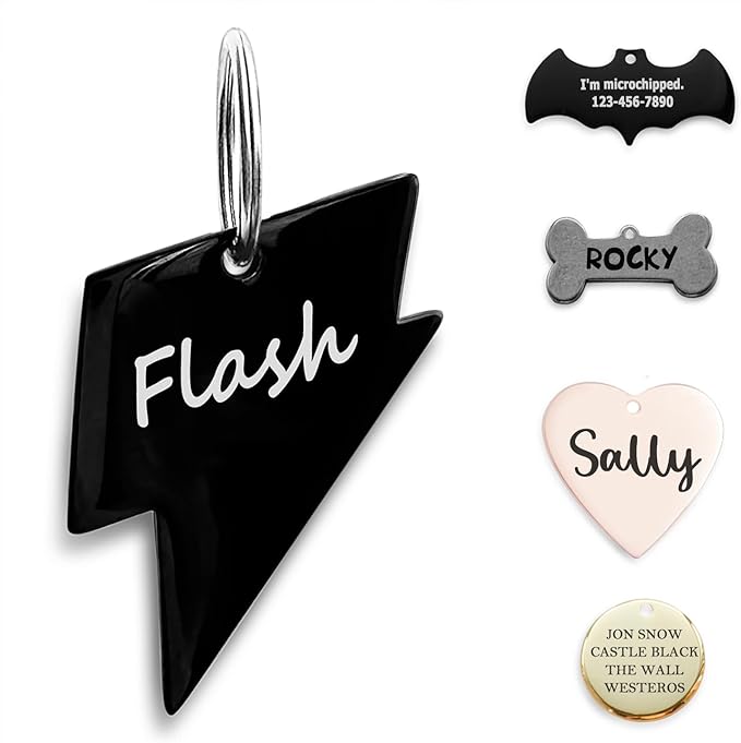 Premium 316 Surgical Grade Stainless Steel Personalized Dog & Cat ID Tags - Fun Shapes for Sporty Outdoor Pets - Custom Engraved Name & Info for Collar Accessories & Pet Necklaces Lighining-Mewly Pet