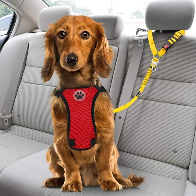 SlowTon Dog Seat Belt for Car, 2 Pack Dog Car Harness Seatbelt Adjustable with Elastic Bungee Buffer, 2 in 1 Pet Car Leash Headrest Restraint Dog Reflective Safety Tether (Yellow, Headrest+Clip)-Mewly Pet