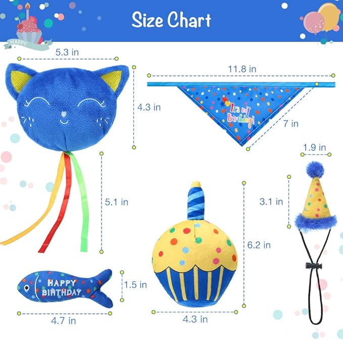 BINGPET Cat Birthday Catnip Toys for Indoor Cats,Cat Birthday Hat,Bandana and Cat Birthday Cake Interactive Plush Kitten Chew Toys,Cute Fish,Balloon Toys with Crinkle Paper and Catnip Inside(Blue)-Mewly Pet