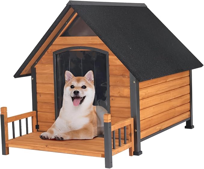 Large Dog House Outdoor Weatherproof Dog Kennel with Anti-Chewing Iron Frame, Dog Shelter for Large Breed with Porch (Brown, 50.9" D x 37.4" W x 37.2" H)-Mewly Pet