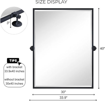 TEHOME Pivot Mirror Matte Black Bathroom Mirror Squared Edge Rectangle Tilting Beveled Vanity Mirrors for Wall, Overall 33.9 x 40 inches (Mirrror 30 x 40 inches)