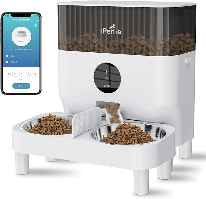 iPettie Automatic WiFi Pet Feeder for 2 Pets, 5L/21 Cup Capacity, 1-10 Meals Per Day, Adjustable Bowl Height, Smart Dog Cat Feeder with 2 Stainless Steel Bowls, Voice Recording, 2.4G WiFi App Control-Mewly Pet