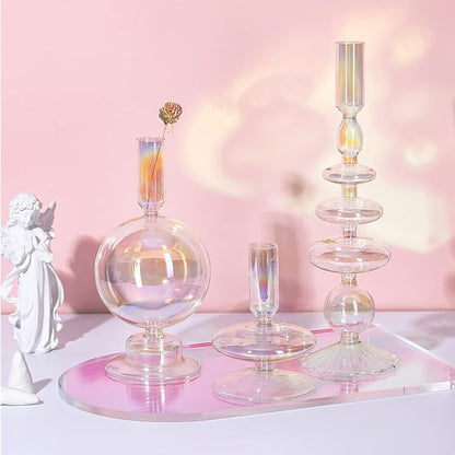 Rtteri 3 Pcs Glass Candlestick Holders Glass Candle Holders Groovy Wavy Elegant Taper Candle Stick for Wedding Home Birthday Party Christmas Halloween Decoration Windowsill Decor(Colorful)