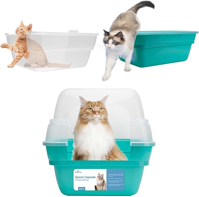 Petfamily Cat Litter Box, Large Foldable Jumbo Hooded Cat Litter Box with Transparent Lid (Teal)-Mewly Pet