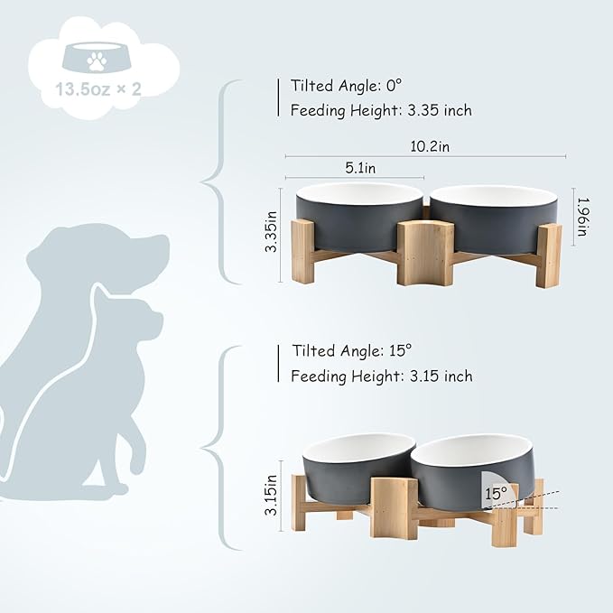 SPUNKYJUNKY 15° Slanted Ceramic Dog and Cat Bowl with Wooden Stand, Tilted Bulldog Food and Water Bowl No Slip Non-Spill for Cats Medium Dogs Big Face Pets 13.5 OZ (1.7 Cups, White-Grey × 2)-Mewly Pet