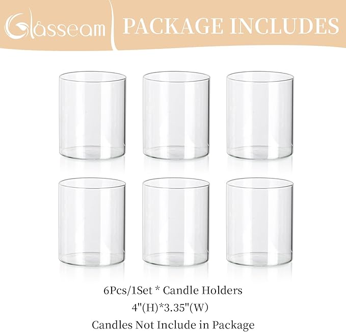 Glasseam Hurricane Glass Candle Holder Set of 6, Cylinder Clear Candle Holders for Pillar Candles, Modern Cylinder Vases for Floating Candles, Vases for Centerpiece Wedding Table Decorations, 4inch
