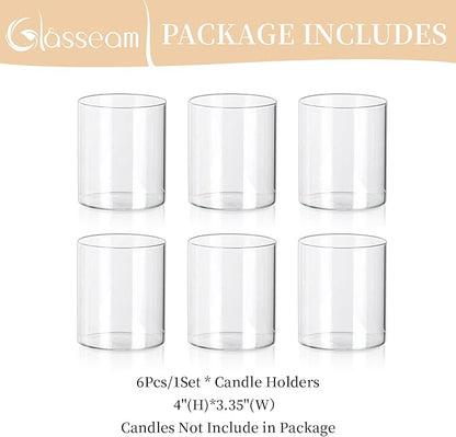Glasseam Hurricane Glass Candle Holder Set of 6, Cylinder Clear Candle Holders for Pillar Candles, Modern Cylinder Vases for Floating Candles, Vases for Centerpiece Wedding Table Decorations, 4inch