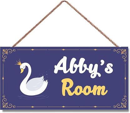Personalized Vintage Swan Art Décor For Kids Room Custom Name Door Wall Decor, Blue Floral Nursery Art Plate For Girls Bedroom Home Club Cabin Garage Store Bar