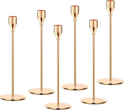 French Honey Gold Taper Candle Holders,Set of 6 Tall Taper Candlestick fit for 3/4" Thick Pillar Candle&Led Modern Metal Candle Stands Decorative Table Centerpieces for Dinning Party Church,Decorative