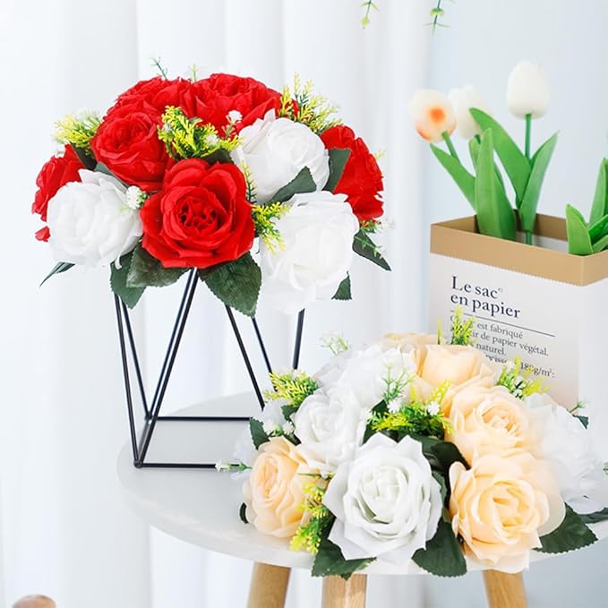10Pcs Artificial Flower Ball Arrangement, Fake Floral Centerpieces Wedding Roses Bouquet for Parties Valentine's Day Wedding Centerpieces and Home Decor (Red & White)