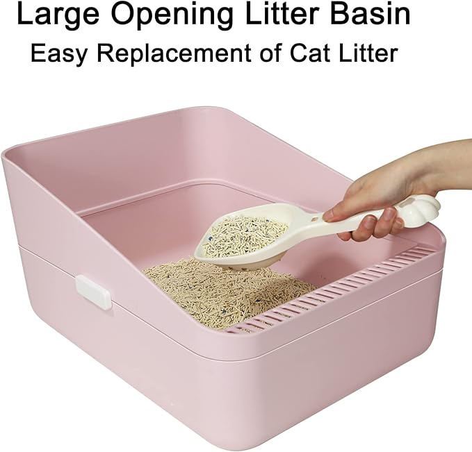 Sfozstra Open High-Sided Litter Box: Pink Medium Anti-Scatter Design - Self-Cleaning Sifting Tray - Low Tracking for Small Cats-Mewly Pet