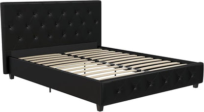 DHP Dakota Upholstered Platform Bed with Diamond Button Tufted Headboard and Footboard, No Box Spring Needed, Full, Black Faux Leather