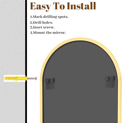 VooBang Arched Wall Mirror, 30 x 38 inch Arch Bathroom Mirror, Wall Mounted Vanity Mirror with Arch Metal Frame, Modern Bathroom Vanity Mirror for Bedroom, Living Room, Hanging or Leaning, Gold