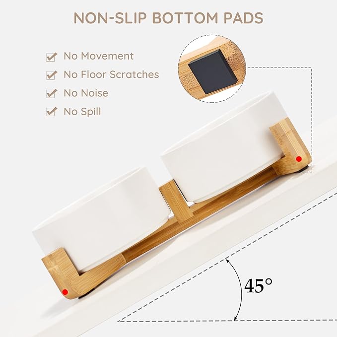 SPUNKYJUNKY Ceramic Dog and Cat Bowl Set with Wooden Stand, Modern Cute Weighted Food Water Bowl Set for Medium to Large Size Dogs (42 OZ, 2 × Grey)-Mewly Pet