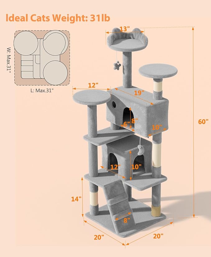 60'' Cat tree Tower for Indoor Cats Large Adult,Cute/Tall Modern Cat Tree for Big Cats 20 lbs,Plush Multi-Level Cat Condo with Scratching Posts,Dangling Ball for fun play(Light Gray, 60 inch)-Mewly Pet