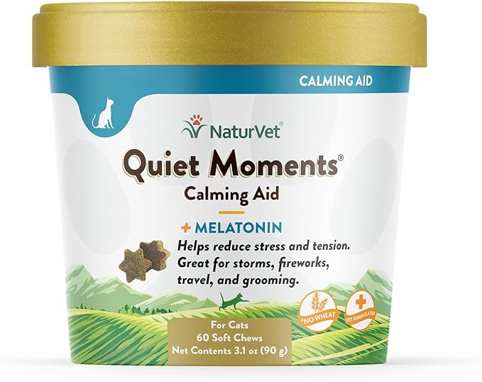 NaturVet –Quiet Moments Calming Aid for Cats Plus Melatonin – 60 Soft Chews – Helps Reduce Stress & Promote Relaxation – Great for Storms, Fireworks, Travel & Grooming-Mewly Pet