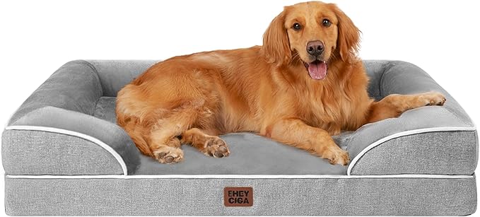 EHEYCIGA Orthopedic Dog Beds for Large Dogs, Waterproof Memory Foam Large Dog Bed with Sides, Non-Slip Bottom and Egg-Crate Foam Pet Couch Bed with Washable Removable Cover, Grey-Mewly Pet