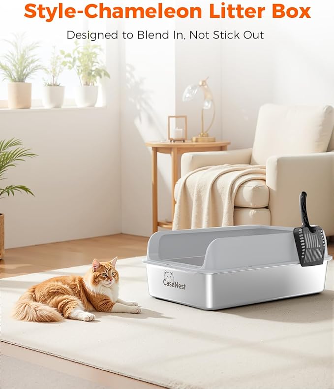 XXXL Stainless Steel Cat Litter Box 28.1''×20.5'' × 10.1” Extra Large Metal Cat Litter Box for Big, Multi Cats, Anti-Leakage & Non-Stick Metal Pan, Easy to Clean, Durable (Light Grey-Mewly Pet