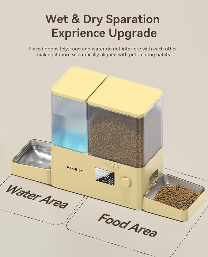 Rojeco 36Cups/8.5L Pet Automatic Cat Feeder and Gravity Water Dispenser,Stainless Steel Bowls 2-in-1 Set Large Capacity 5L Food Feeder and 3.5L Water Fountain for Cats,Pets,Small Dogs,Yellow-Mewly Pet